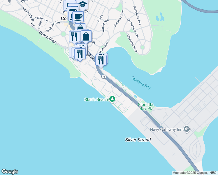 map of restaurants, bars, coffee shops, grocery stores, and more near 1750 Avenida Del Mundo in Coronado