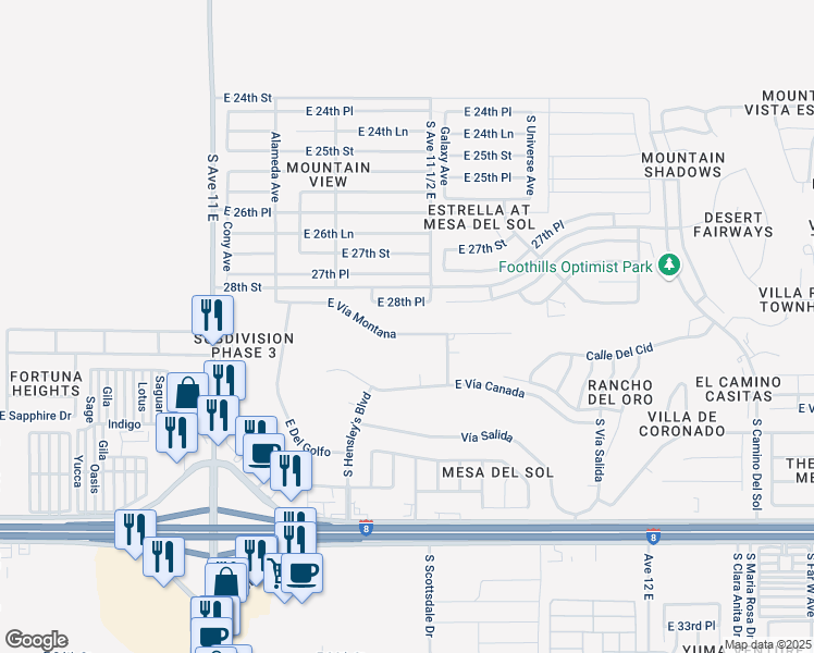 map of restaurants, bars, coffee shops, grocery stores, and more near 11420-11586 East Vía Montana in Yuma