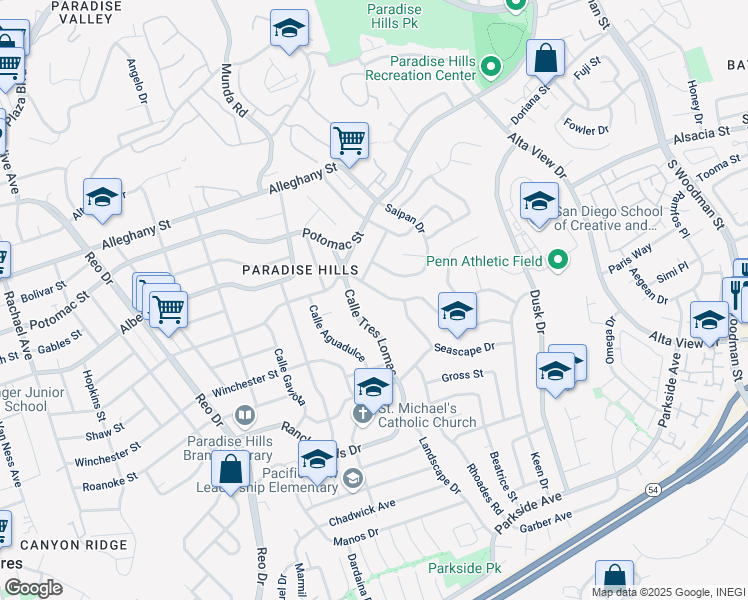 map of restaurants, bars, coffee shops, grocery stores, and more near 2454 Calle Quebrada in San Diego