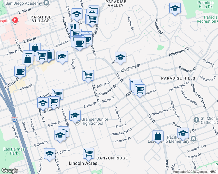 map of restaurants, bars, coffee shops, grocery stores, and more near 2150 Flintridge Drive in San Diego