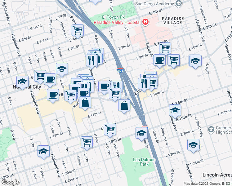 map of restaurants, bars, coffee shops, grocery stores, and more near 1802 East 12th Street in National City