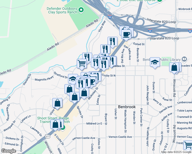 map of restaurants, bars, coffee shops, grocery stores, and more near 6008 Benbrook Boulevard in Benbrook