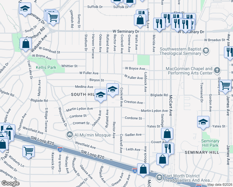 map of restaurants, bars, coffee shops, grocery stores, and more near 4771 Rector Avenue in Fort Worth