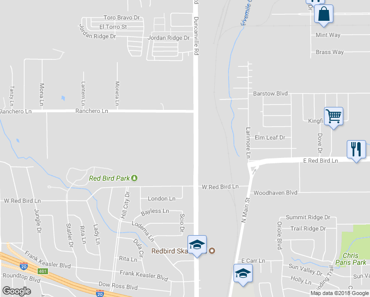 map of restaurants, bars, coffee shops, grocery stores, and more near 5615 Duncanville Road in Dallas