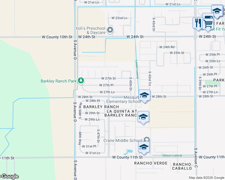 map of restaurants, bars, coffee shops, grocery stores, and more near 4660 West 27th Lane in Yuma