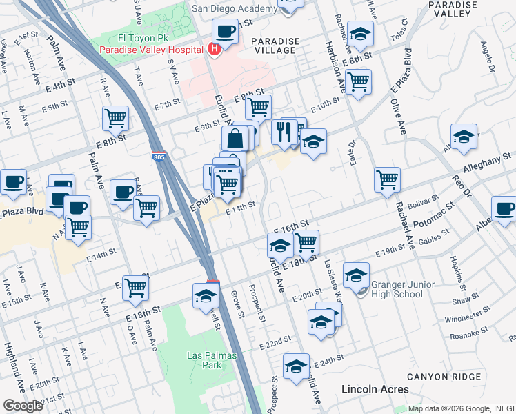 map of restaurants, bars, coffee shops, grocery stores, and more near 2336 East 14th Street in National City