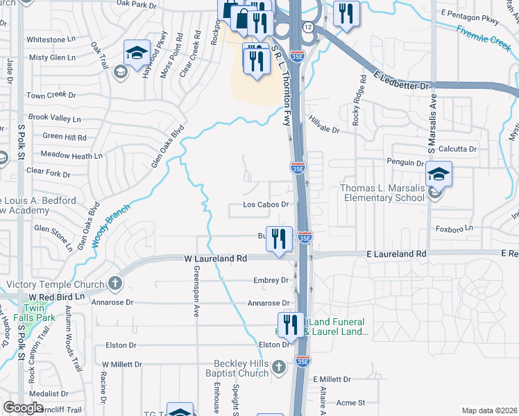 map of restaurants, bars, coffee shops, grocery stores, and more near 214 Los Cabos Drive in Dallas