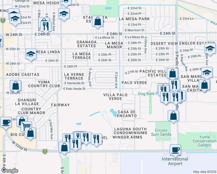 map of restaurants, bars, coffee shops, grocery stores, and more near 1100 East Palo Verde Street in Yuma