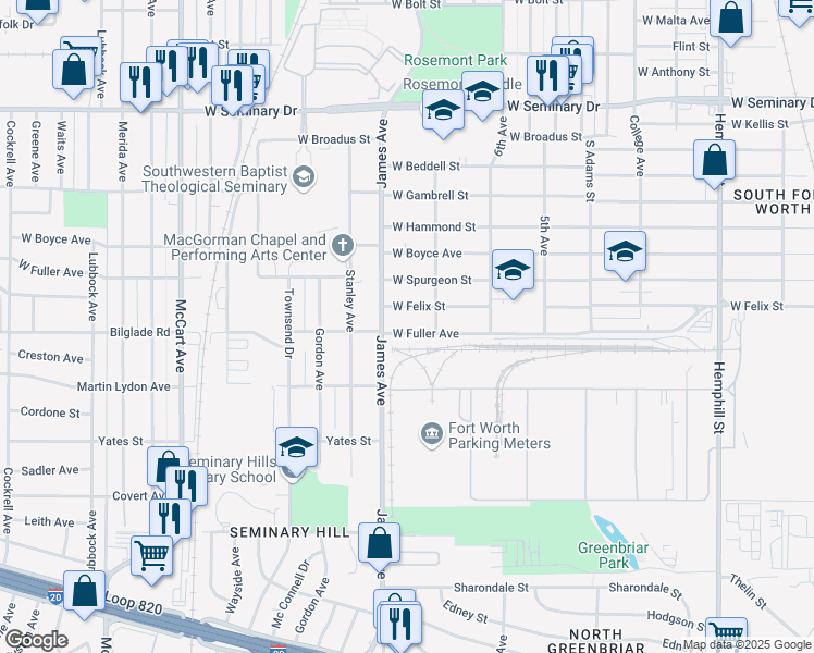map of restaurants, bars, coffee shops, grocery stores, and more near 1604 West Fuller Avenue in Fort Worth