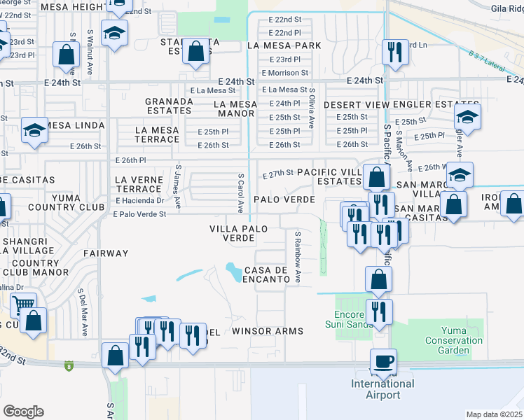 map of restaurants, bars, coffee shops, grocery stores, and more near 1450 East Palo Verde Street in Yuma