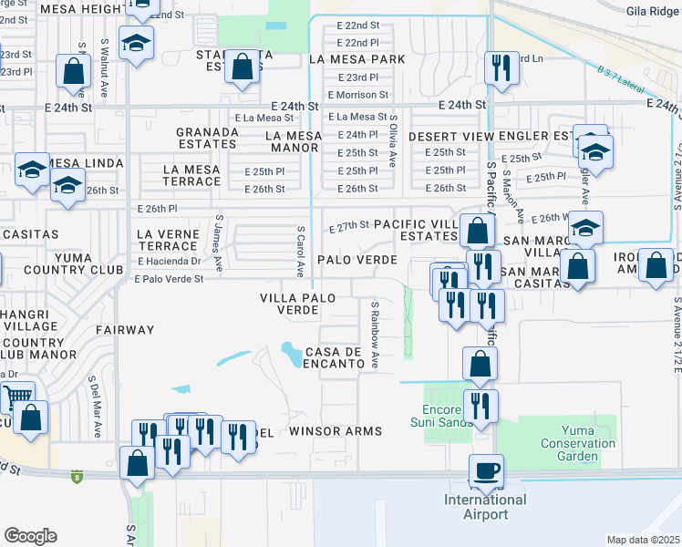 map of restaurants, bars, coffee shops, grocery stores, and more near 1450 East Palo Verde Street in Yuma