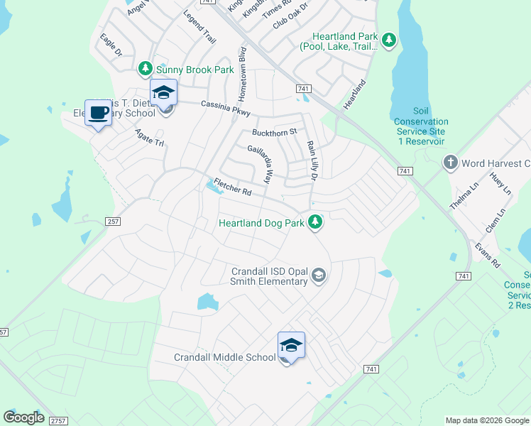 map of restaurants, bars, coffee shops, grocery stores, and more near 3119 Josefina Lane in Crandall