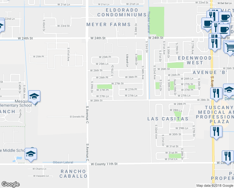 map of restaurants, bars, coffee shops, grocery stores, and more near 2762 South 36th Drive in Yuma