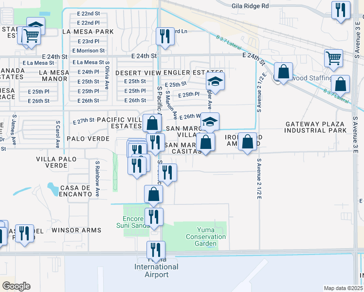 map of restaurants, bars, coffee shops, grocery stores, and more near 2178 East 27th Lane in Yuma