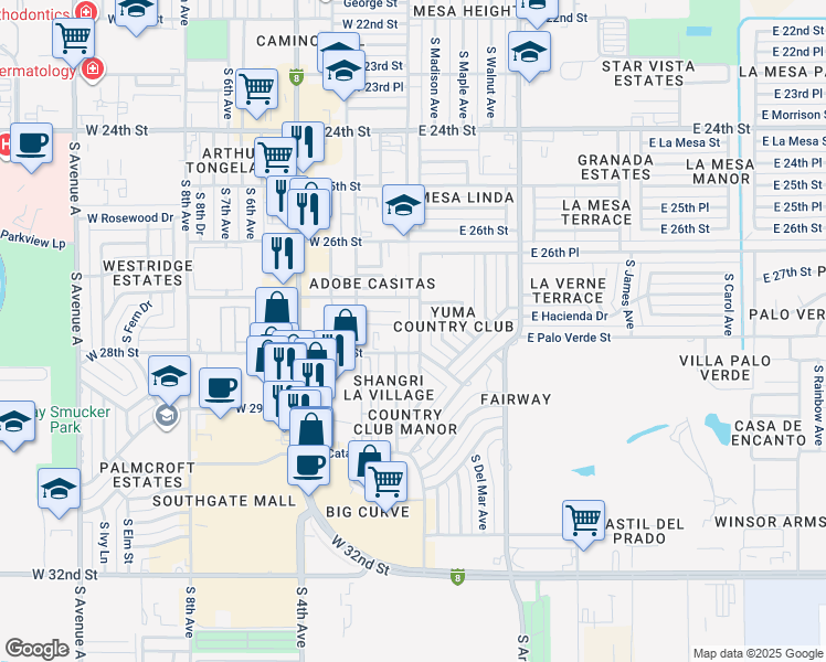 map of restaurants, bars, coffee shops, grocery stores, and more near 2753 South Madison Avenue in Yuma