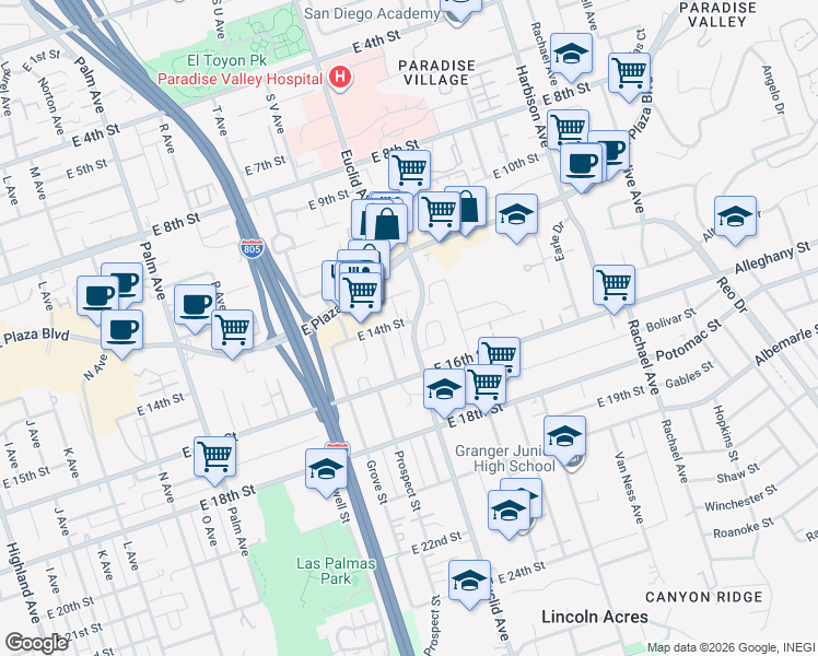 map of restaurants, bars, coffee shops, grocery stores, and more near 1418 Meadow Drive in National City
