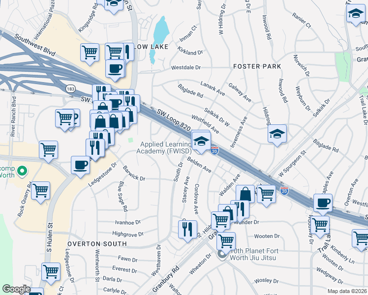 map of restaurants, bars, coffee shops, grocery stores, and more near 4804 South Drive in Fort Worth