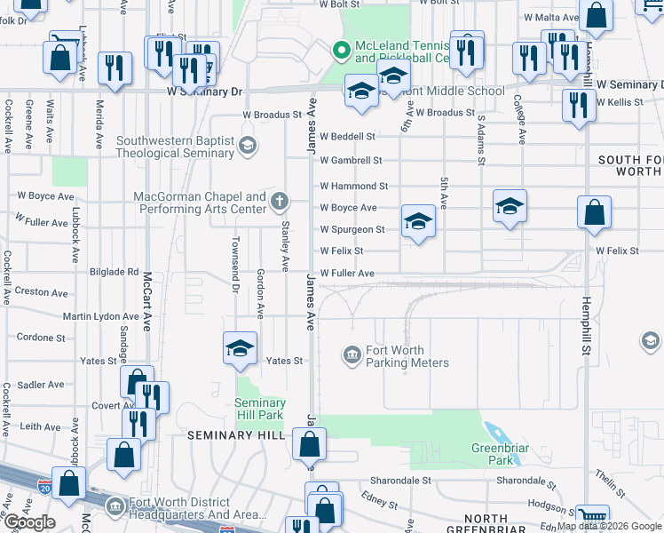 map of restaurants, bars, coffee shops, grocery stores, and more near 1604 West Fuller Avenue in Fort Worth