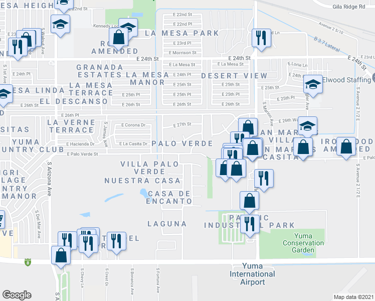 map of restaurants, bars, coffee shops, grocery stores, and more near 1516 East Palo Verde Street in Yuma