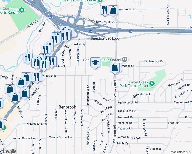 map of restaurants, bars, coffee shops, grocery stores, and more near 1000 Duane Street in Benbrook