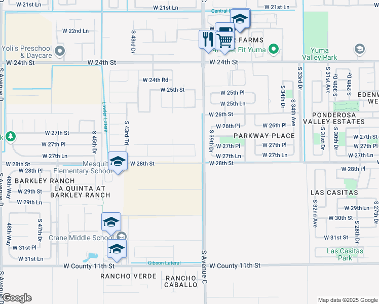 map of restaurants, bars, coffee shops, grocery stores, and more near 2756 South 39th Drive in Yuma