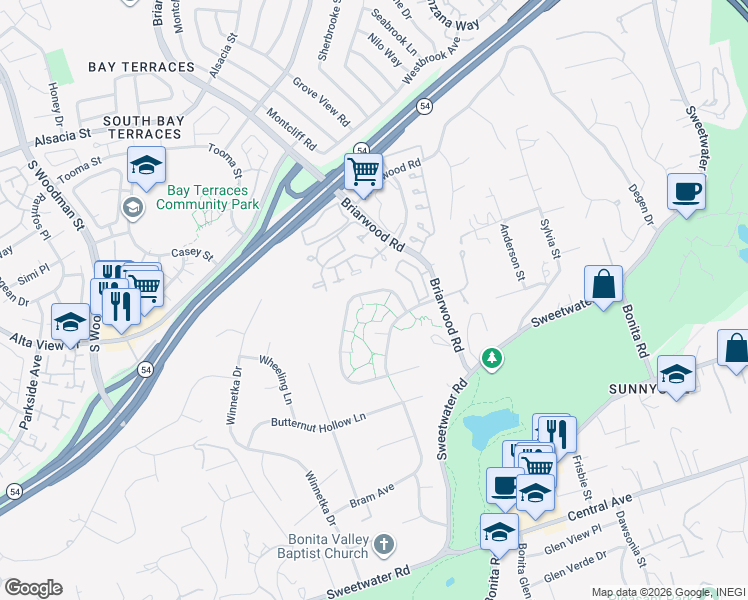 map of restaurants, bars, coffee shops, grocery stores, and more near 3131 Casa Bonita Drive in Bonita