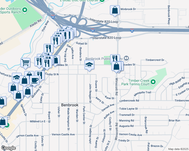 map of restaurants, bars, coffee shops, grocery stores, and more near 1000 Duane Street in Benbrook