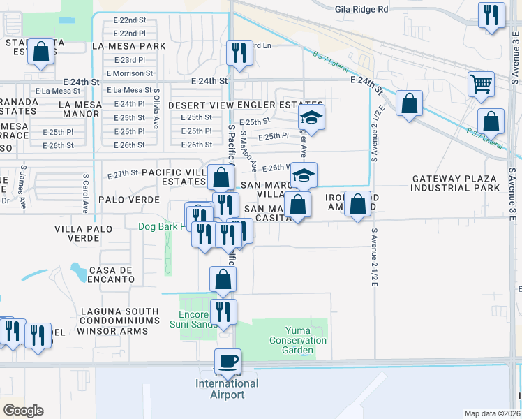 map of restaurants, bars, coffee shops, grocery stores, and more near 2178 East 27th Lane in Yuma