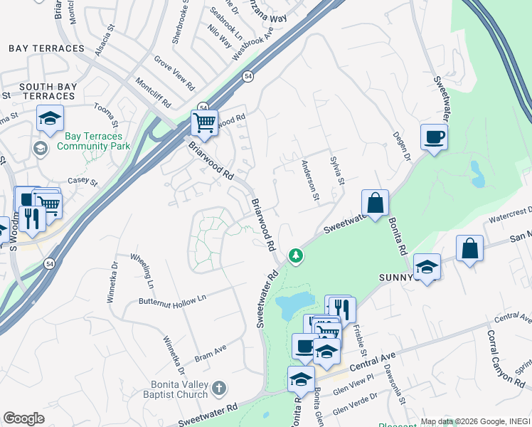 map of restaurants, bars, coffee shops, grocery stores, and more near 3048 Saddlewood Drive in Bonita