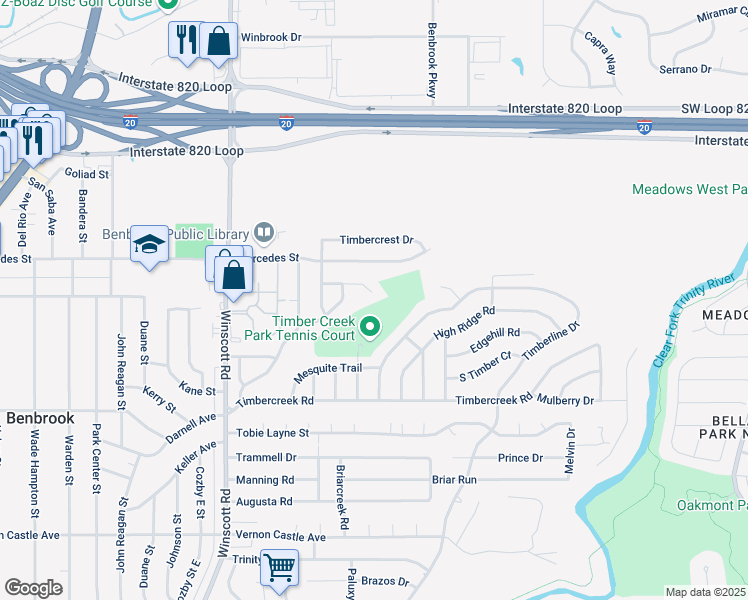 map of restaurants, bars, coffee shops, grocery stores, and more near 1325 Juniper Lane in Benbrook