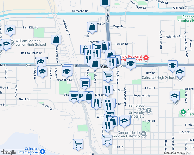 map of restaurants, bars, coffee shops, grocery stores, and more near 928 Harold Avenue in Calexico
