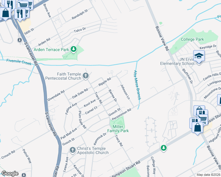 map of restaurants, bars, coffee shops, grocery stores, and more near 5500 Barree Drive in Dallas