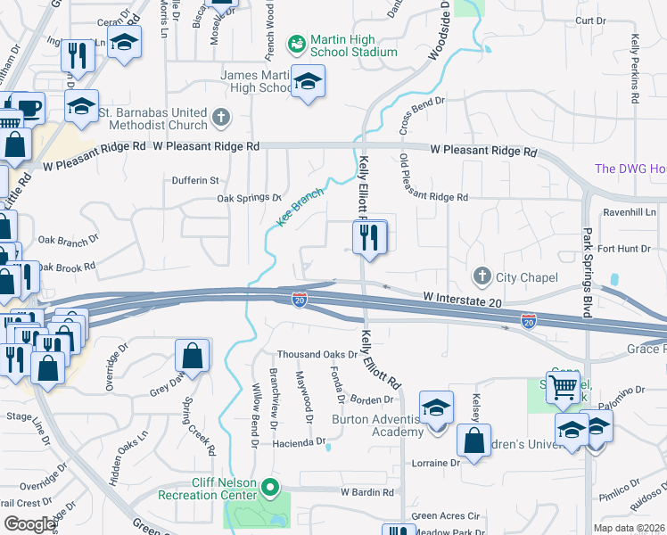 map of restaurants, bars, coffee shops, grocery stores, and more near 4230 Interstate 20 West in Arlington