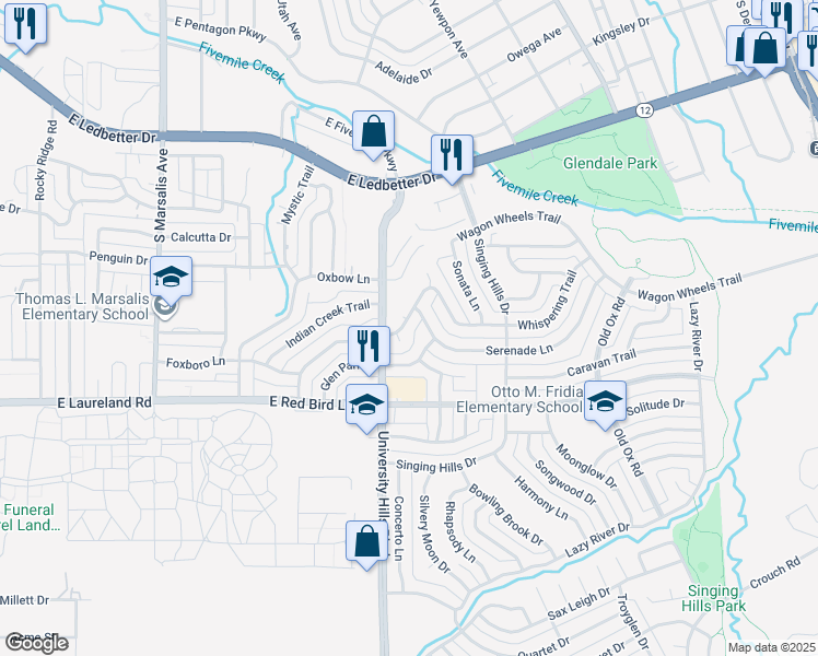 map of restaurants, bars, coffee shops, grocery stores, and more near 1228 Whispering Trail in Dallas