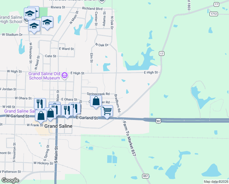 map of restaurants, bars, coffee shops, grocery stores, and more near 510 Bradburn Road in Grand Saline