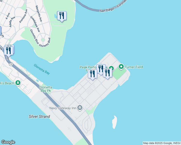 map of restaurants, bars, coffee shops, grocery stores, and more near 3632 Tulagi Road in Coronado