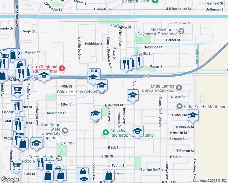 map of restaurants, bars, coffee shops, grocery stores, and more near 843 East Belcher Street in Calexico