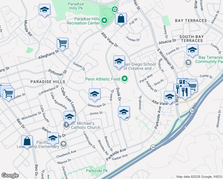 map of restaurants, bars, coffee shops, grocery stores, and more near 2574 Keen Drive in San Diego