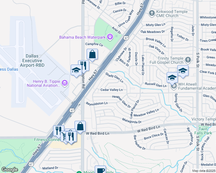 map of restaurants, bars, coffee shops, grocery stores, and more near 2144 Oak Valley Lane in Dallas
