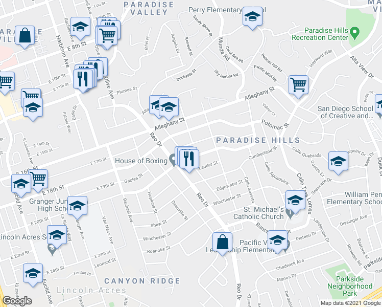 map of restaurants, bars, coffee shops, grocery stores, and more near 5916 Albemarle Street in San Diego