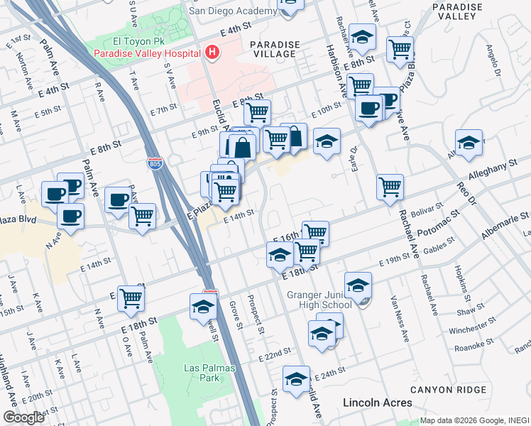 map of restaurants, bars, coffee shops, grocery stores, and more near 1418 Meadow Drive in National City
