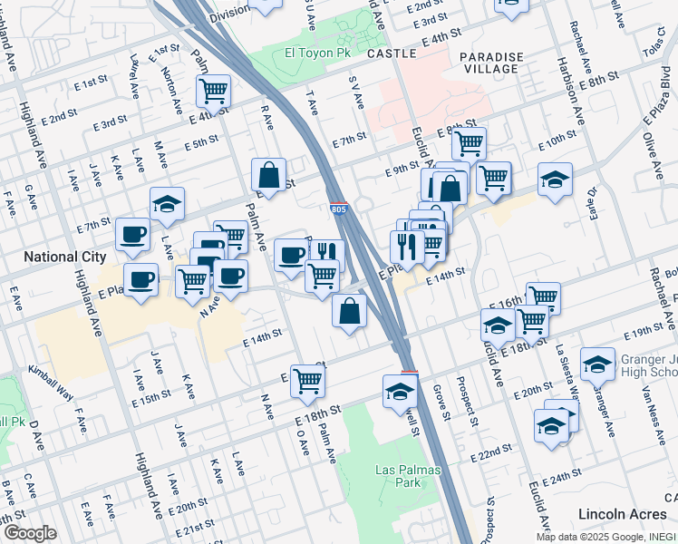 map of restaurants, bars, coffee shops, grocery stores, and more near 1884 East 12th Street in National City
