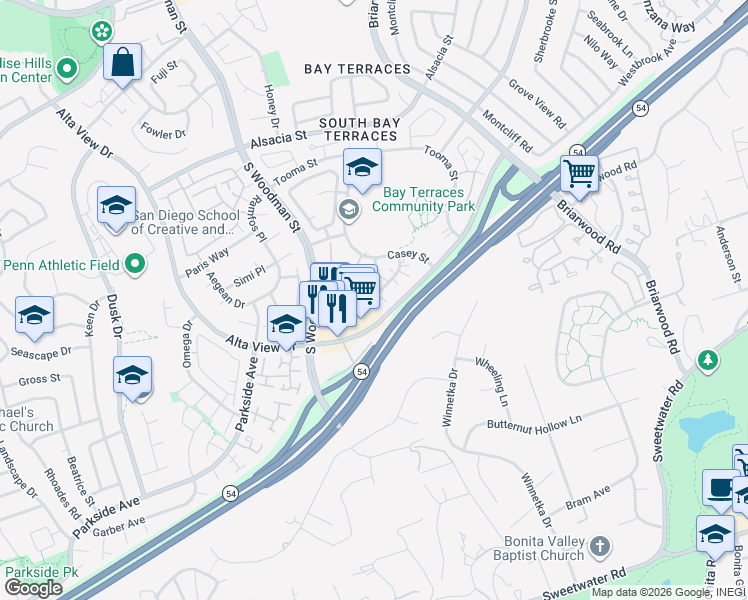 map of restaurants, bars, coffee shops, grocery stores, and more near 7025 Appian Drive in San Diego