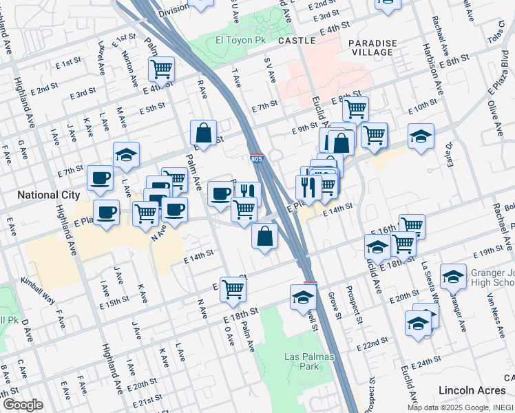 map of restaurants, bars, coffee shops, grocery stores, and more near 1884 East 12th Street in National City