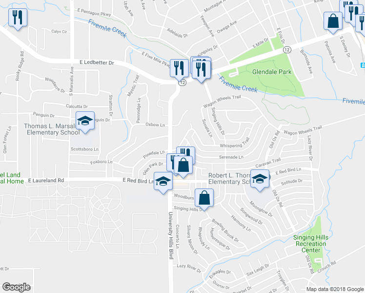 map of restaurants, bars, coffee shops, grocery stores, and more near 1203 Whispering Trail in Dallas