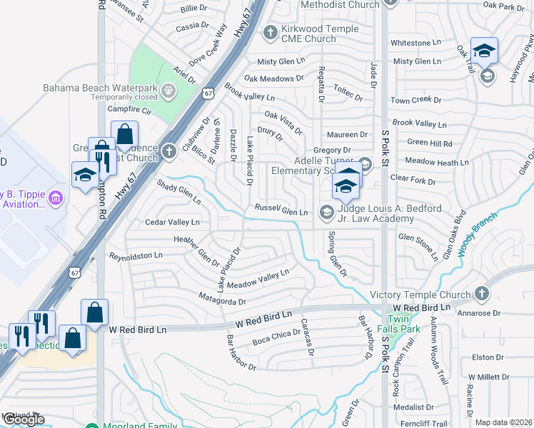 map of restaurants, bars, coffee shops, grocery stores, and more near 1544 Russell Glen Lane in Dallas