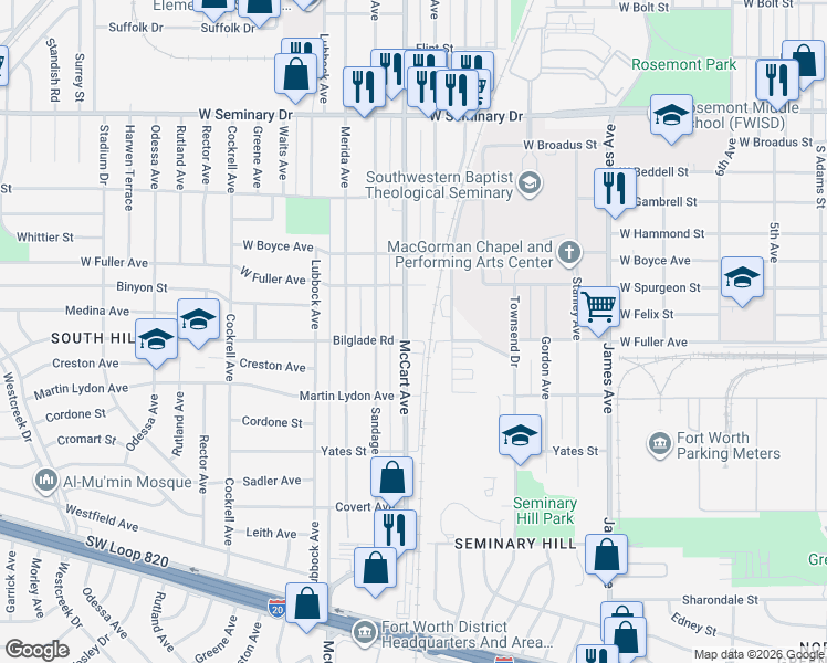 map of restaurants, bars, coffee shops, grocery stores, and more near 4741 McCart Avenue in Fort Worth
