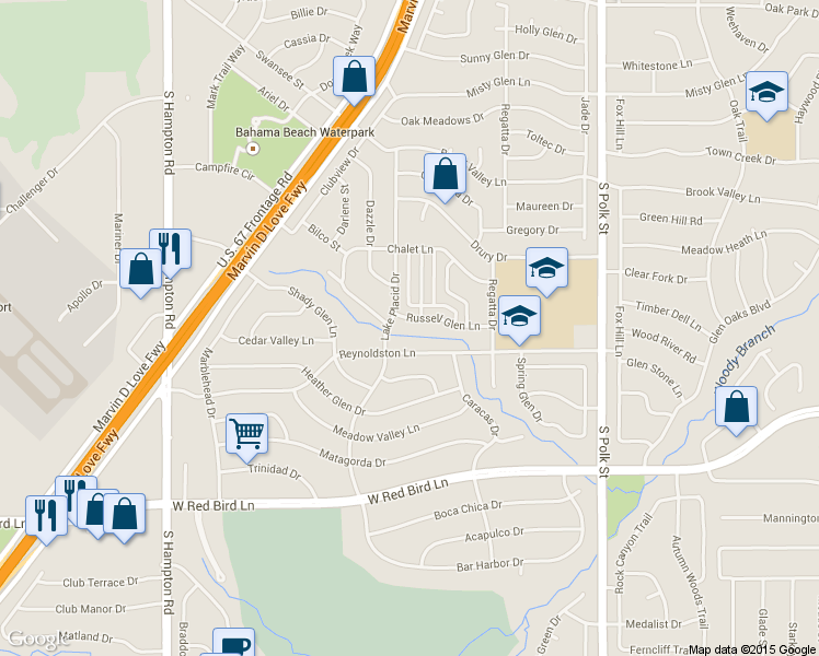 map of restaurants, bars, coffee shops, grocery stores, and more near 1544 Russell Glen Lane in Dallas