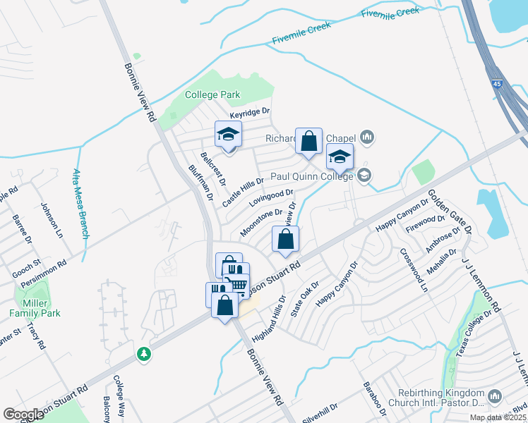 map of restaurants, bars, coffee shops, grocery stores, and more near 3715 Moonstone Drive in Dallas