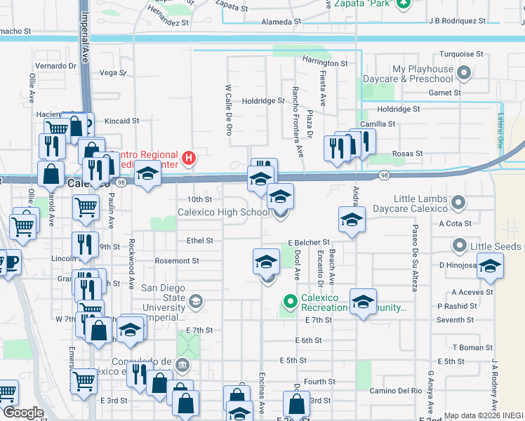 map of restaurants, bars, coffee shops, grocery stores, and more near 1000 Encinas Avenue in Calexico